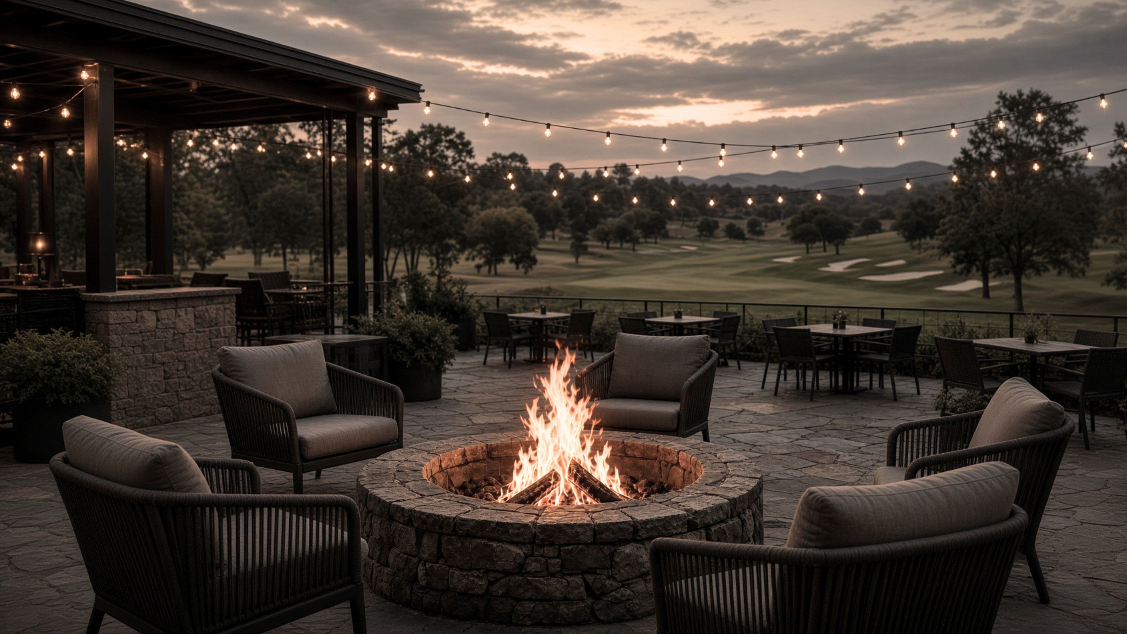 A club patio at dusk, bistro lights strung over set tables, the course beyond