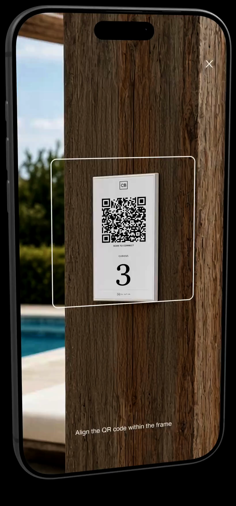 The CallButton guest app: a member scans the placard at Cabana 3, asks the concierge for a charcuterie and a Coastal Cobb, slides to submit, the pool bar accepts and sends a note that the order is on its way, and the concierge passes a walk-on tee time request to the pro shop.
